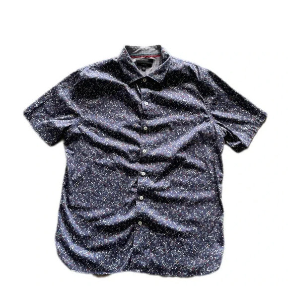 Tahari Stretch Short Sleeve Button Down Navy Patterned Shirt Men’s Large - Picture 3 of 10